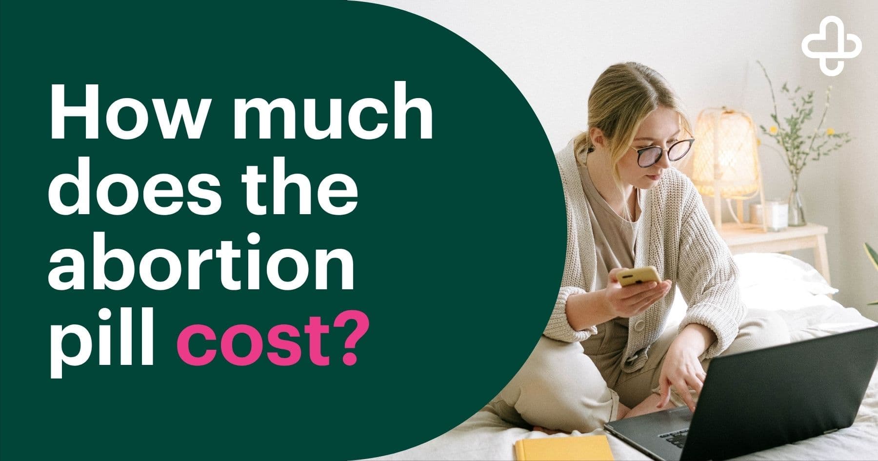 A graphic featuring the text "How much does the abortion pill cost?" alongside a photo of a person sitting on a bed while looking at a laptop and holding a smartphone. A bedside lamp, plants, and pillows create a comfortable home setting. The carafem logo appears in the top right corner.